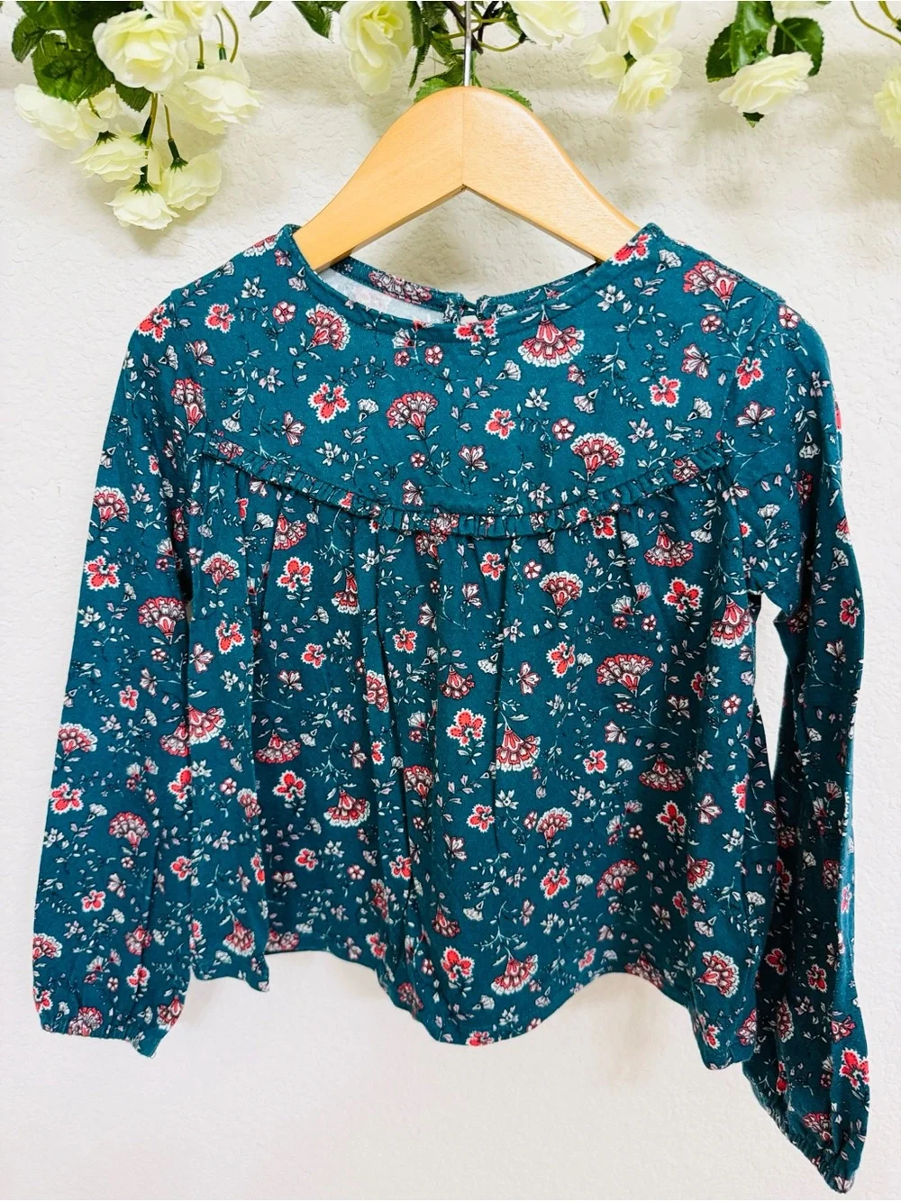 Old Navy • Teal Ruffle Cotton Long-Sleeve Top with Red Floral Accents